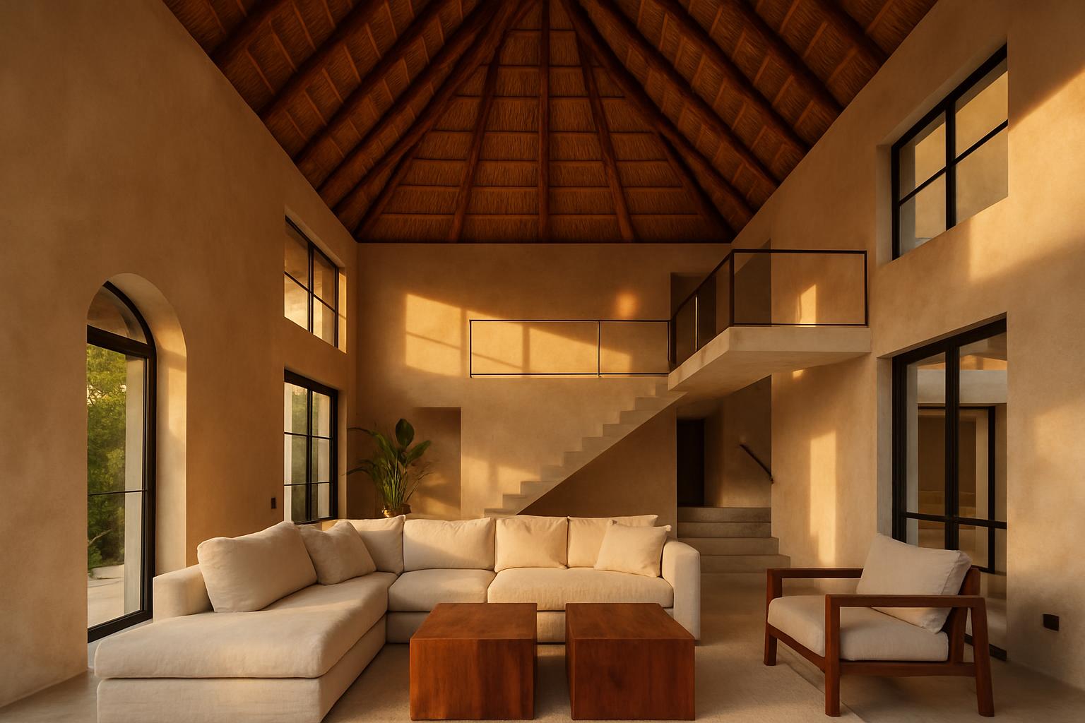 Double-height living room with a palapa ceiling, linen sofas and arched windows