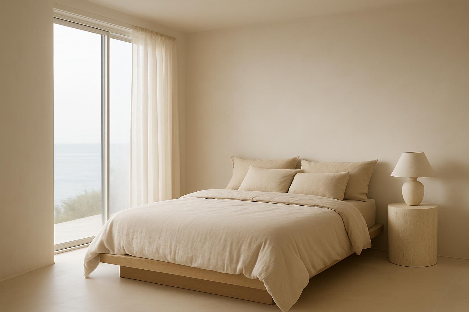 Minimal bedroom in a single oatmeal palette with linen bedding on a low oak platform bed