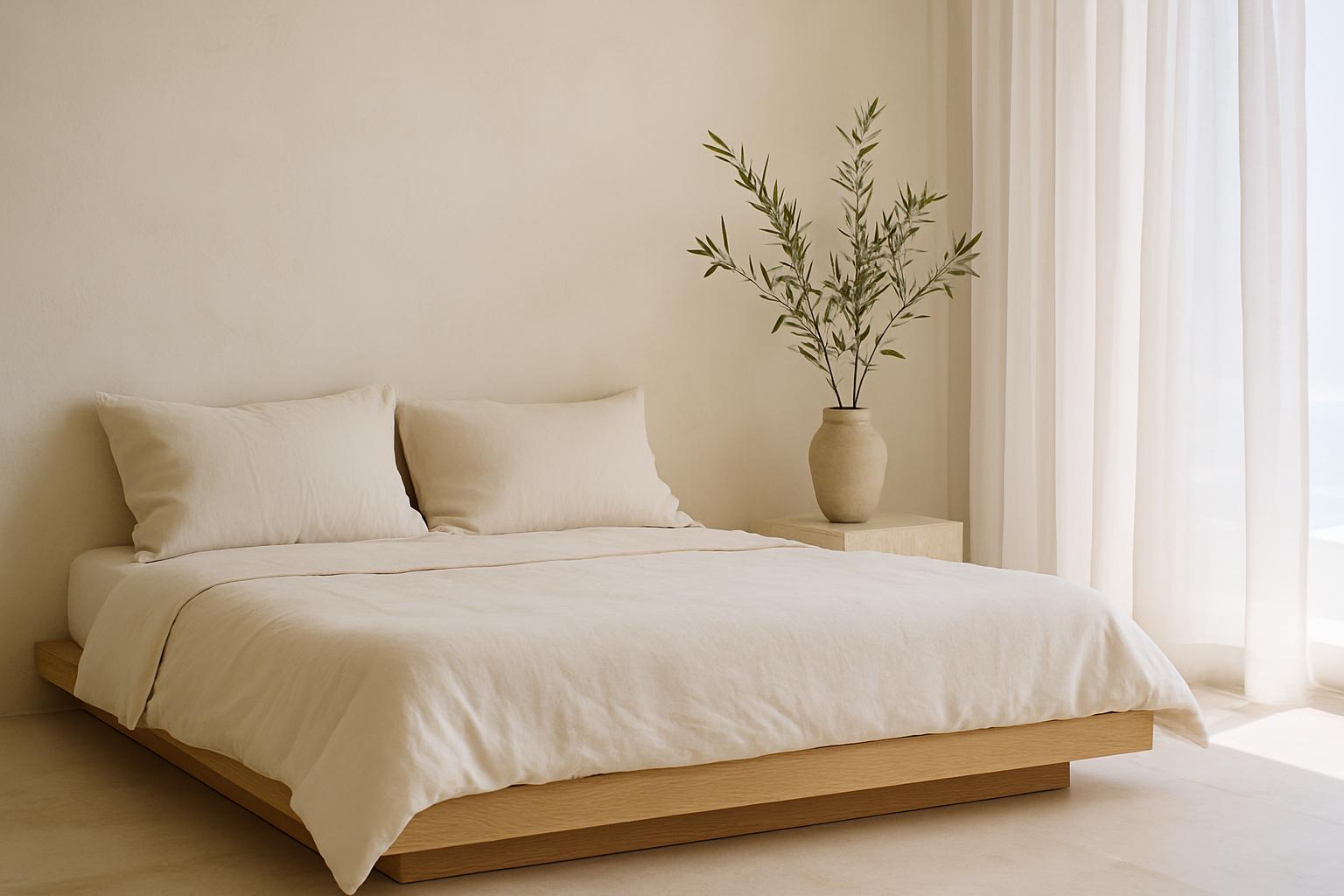 Low oak platform bed in ivory linen beside a plaster plinth nightstand holding an olive branch