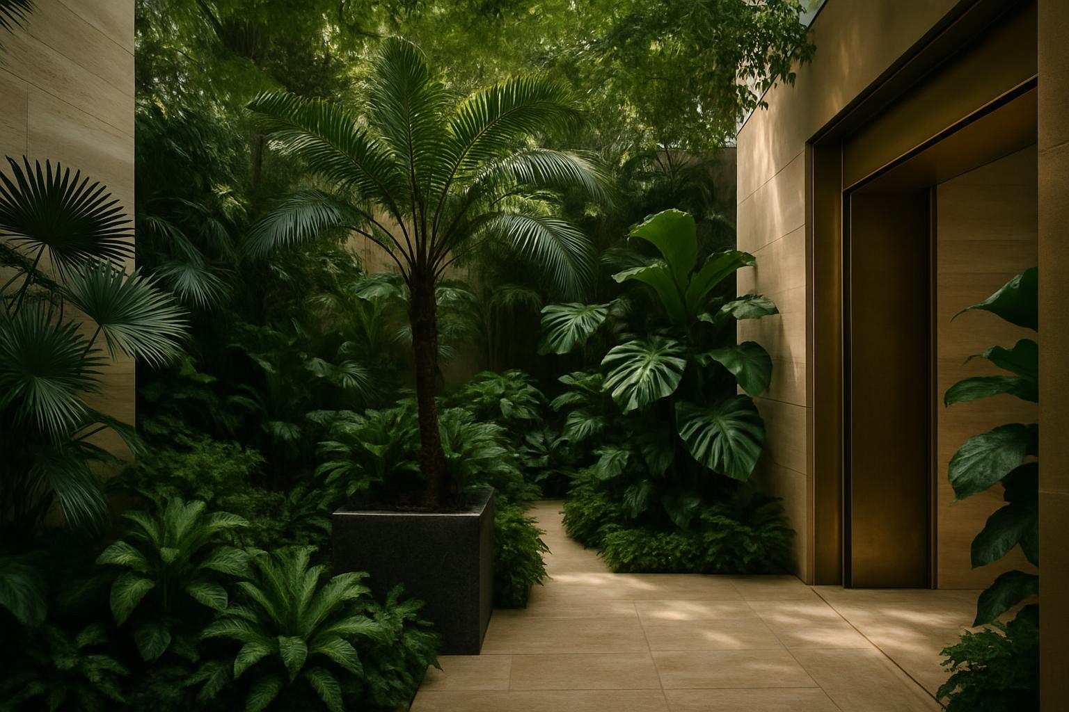 Jungle courtyard entrance with brass doors