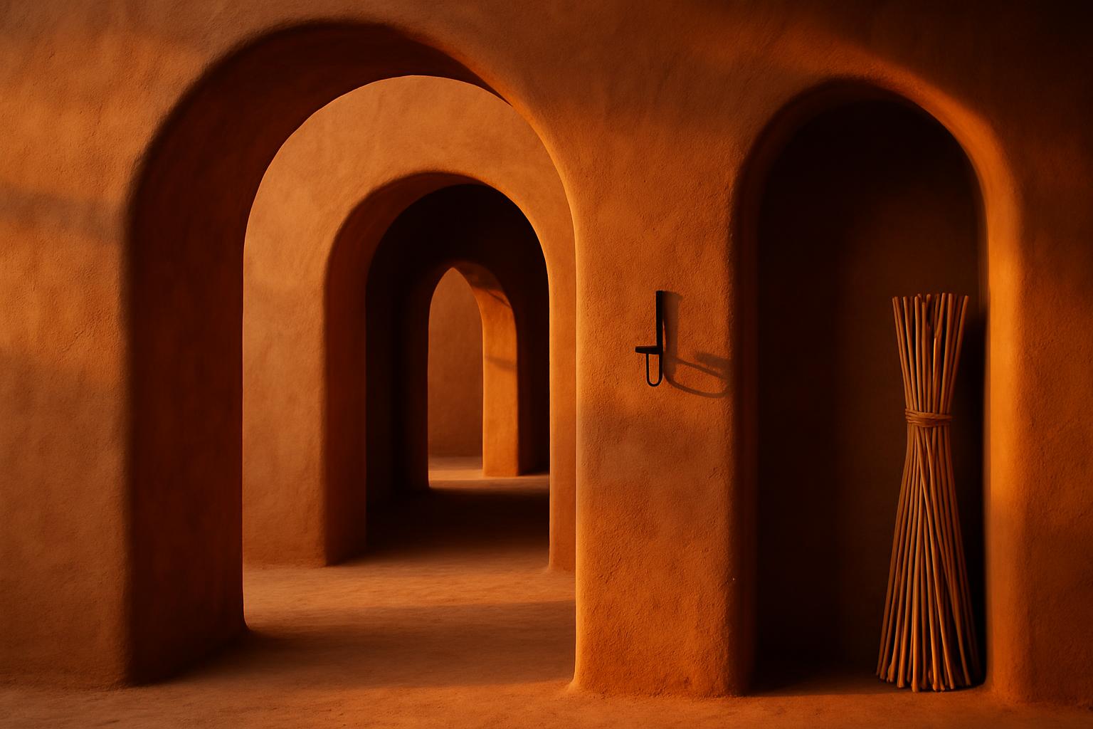 Rounded plaster archways receding into shadow with a small black wall sconce