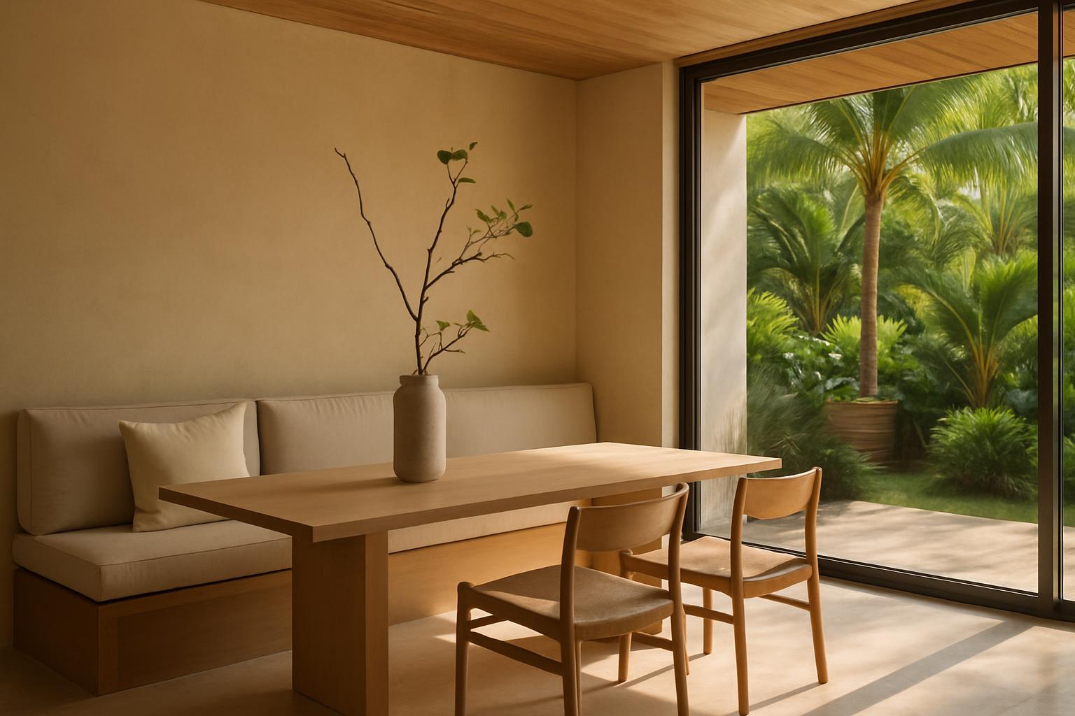 Solid parota table and bench against a plaster wall