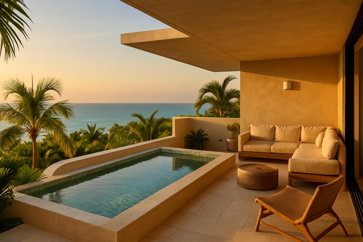 Rooftop plunge pool beside a terrace lounge looking out to the sea at sunset