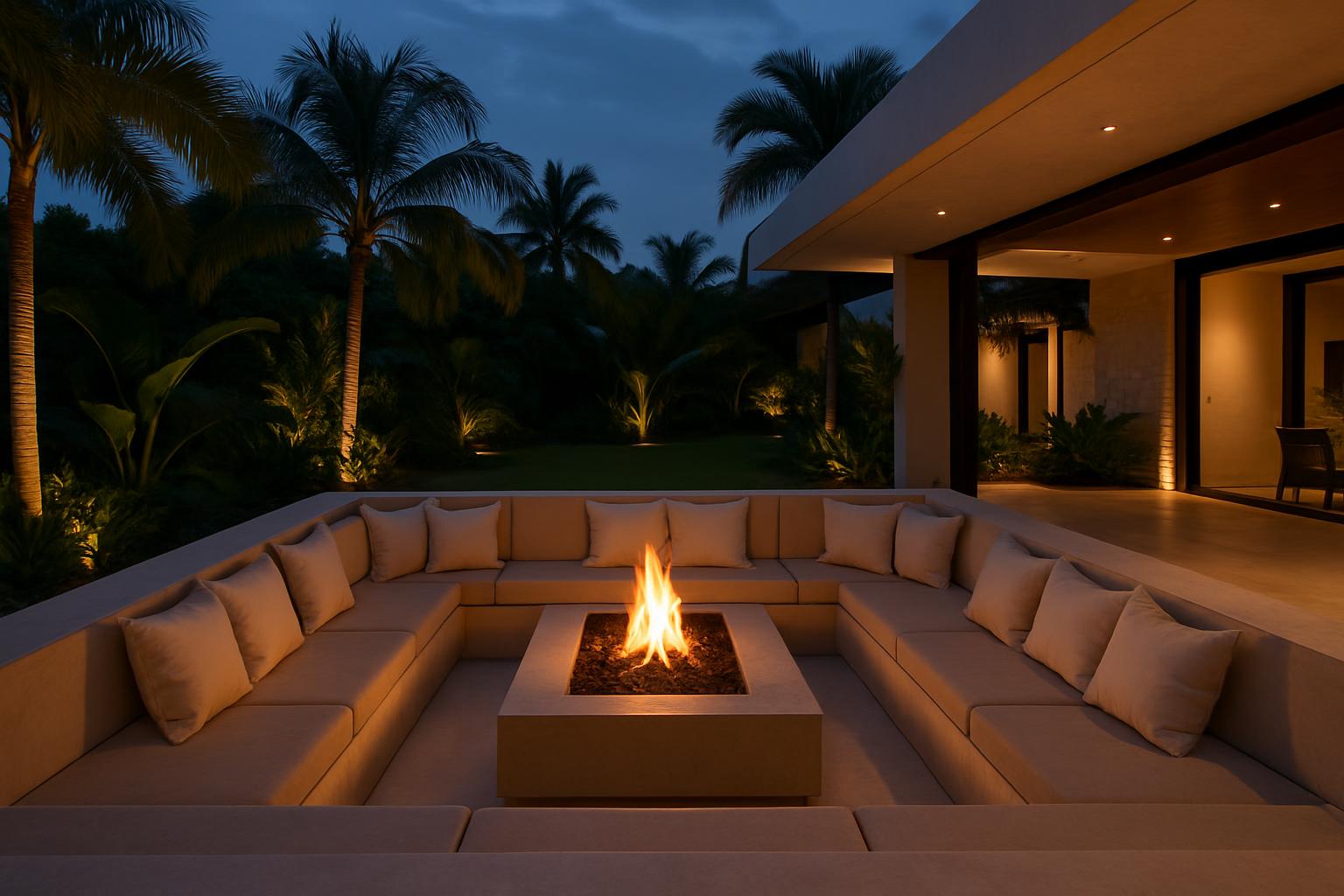 Sunken fire-pit lounge on a terrace at dusk with palm trees behind