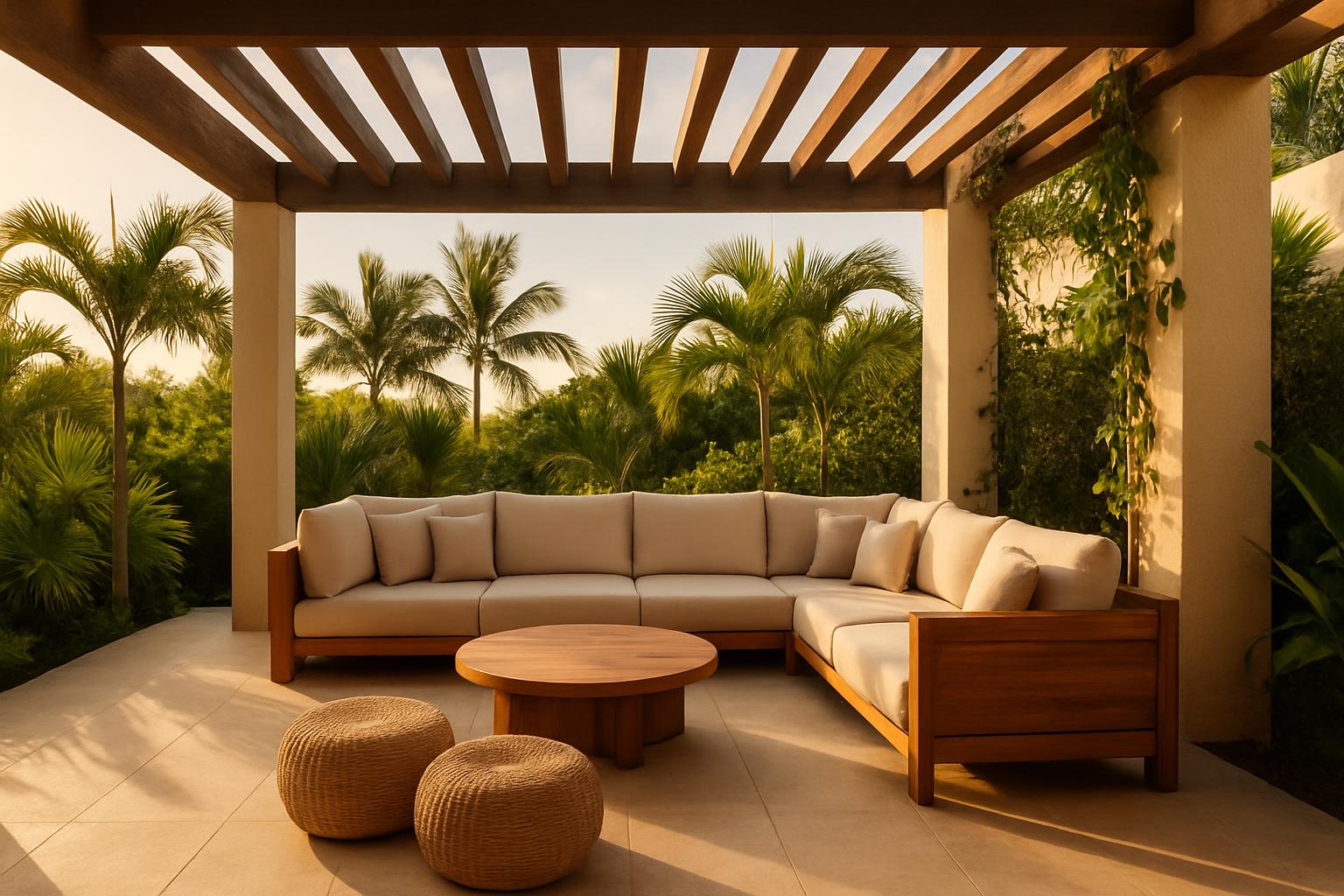 Timber pergola over an outdoor sofa and round wooden table among palm trees