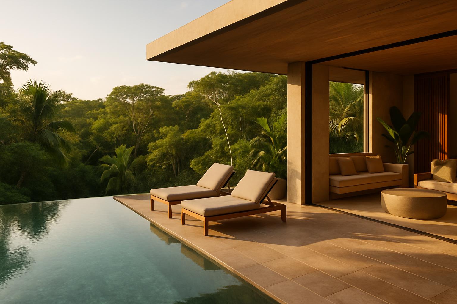 Infinity pool edge overlooking jungle, with two loungers and a covered terrace beside it
