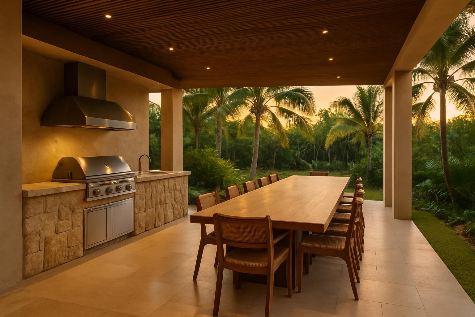 Covered outdoor kitchen with a built-in grill and a long wooden dining table facing palm trees