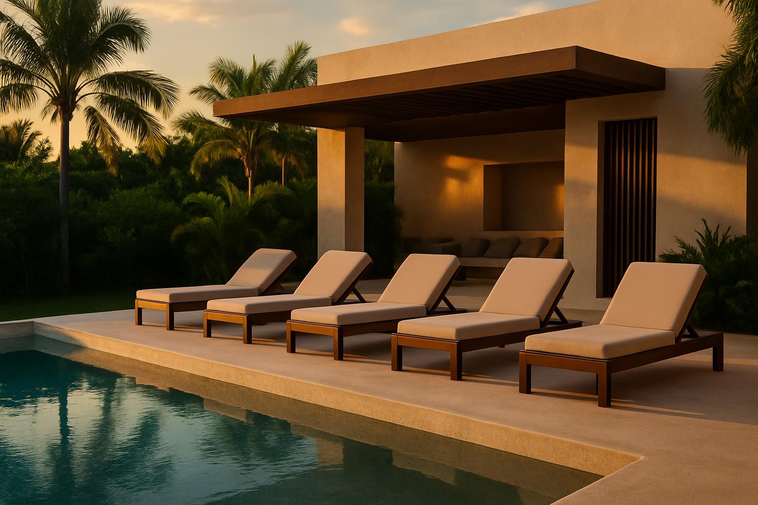 Pool with five sun loungers beside a covered pavilion at sunset