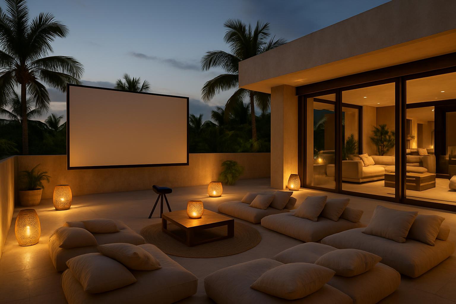 Outdoor projector screen on a terrace with floor cushions, lanterns and a lounge behind