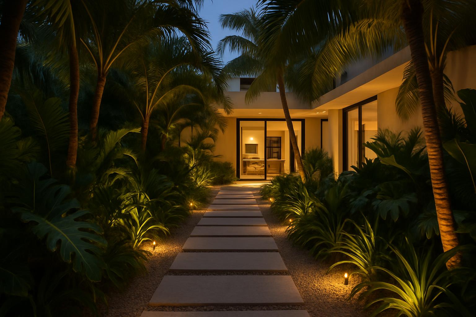 Lit stepping-stone path to a villa entrance at dusk, palms and tropical plants on both sides