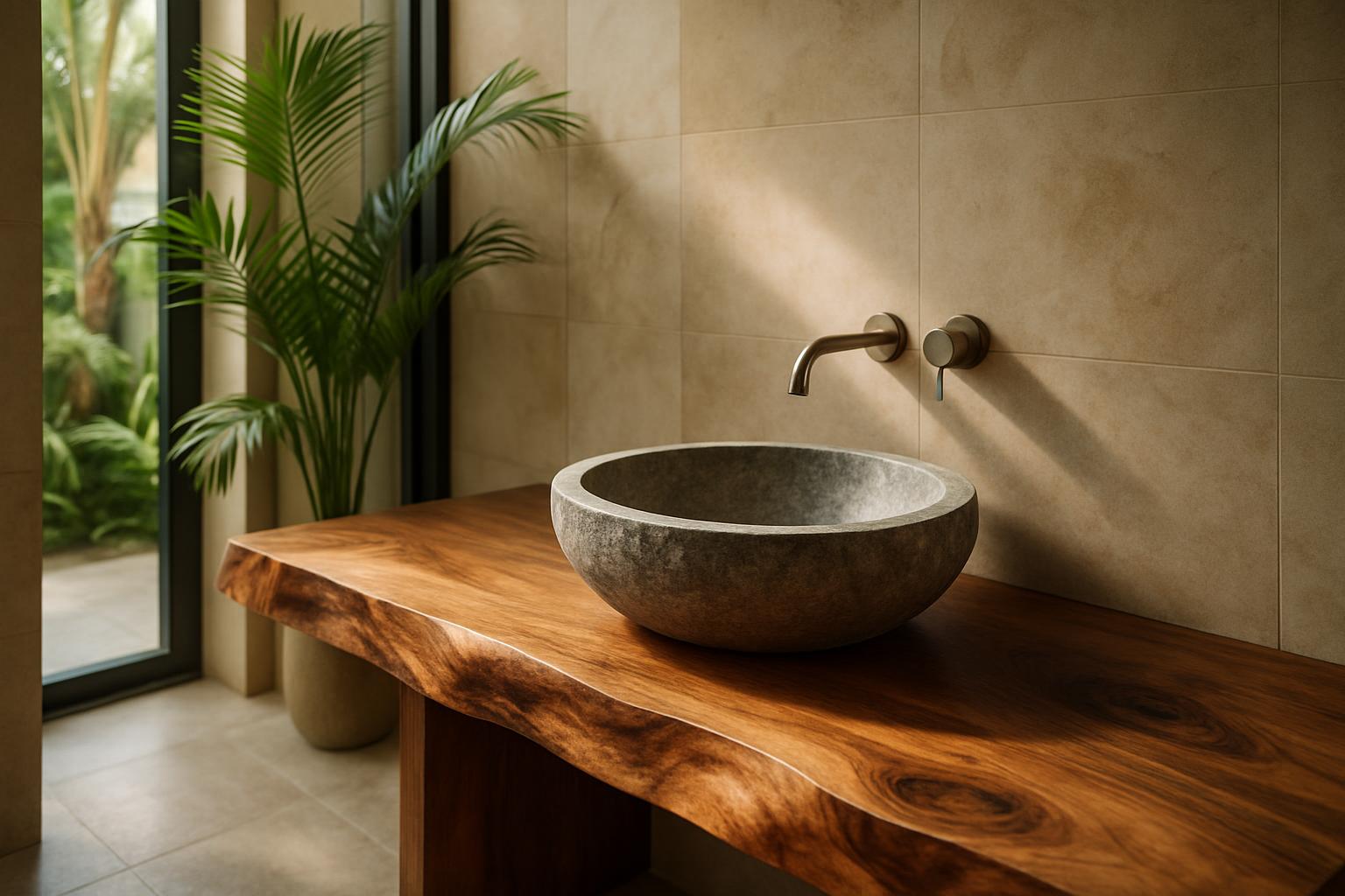 Live-edge parota vanity with a carved stone basin — a one-off commission