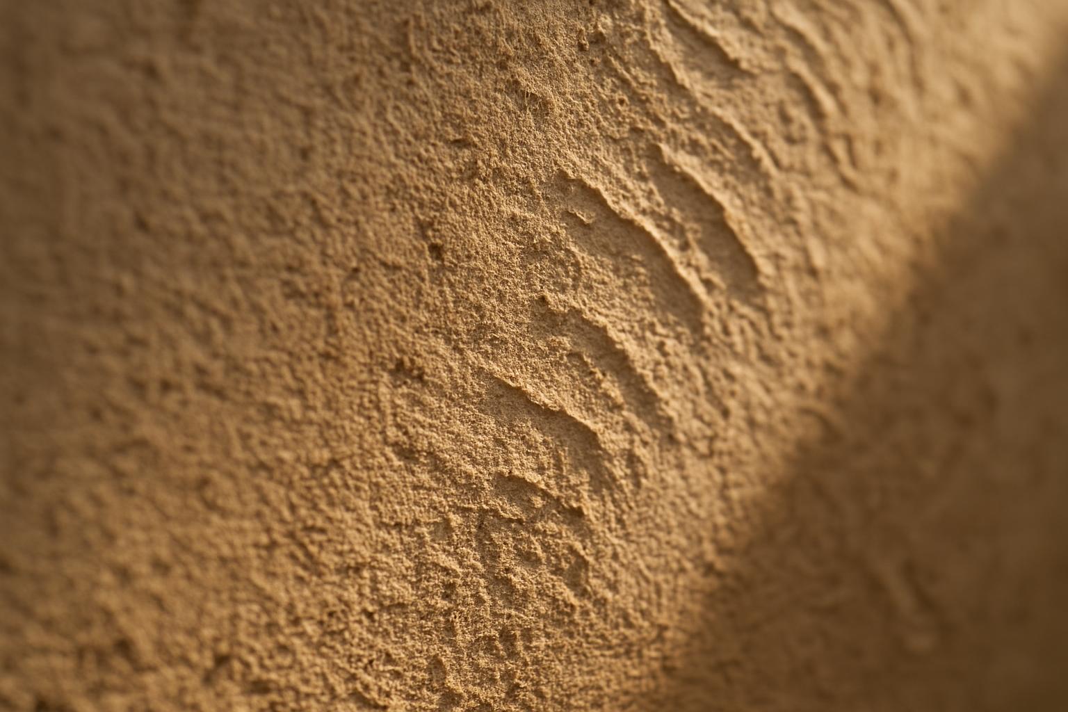 Hand-troweled sand-coloured plaster wall raking across the frame in soft warm light