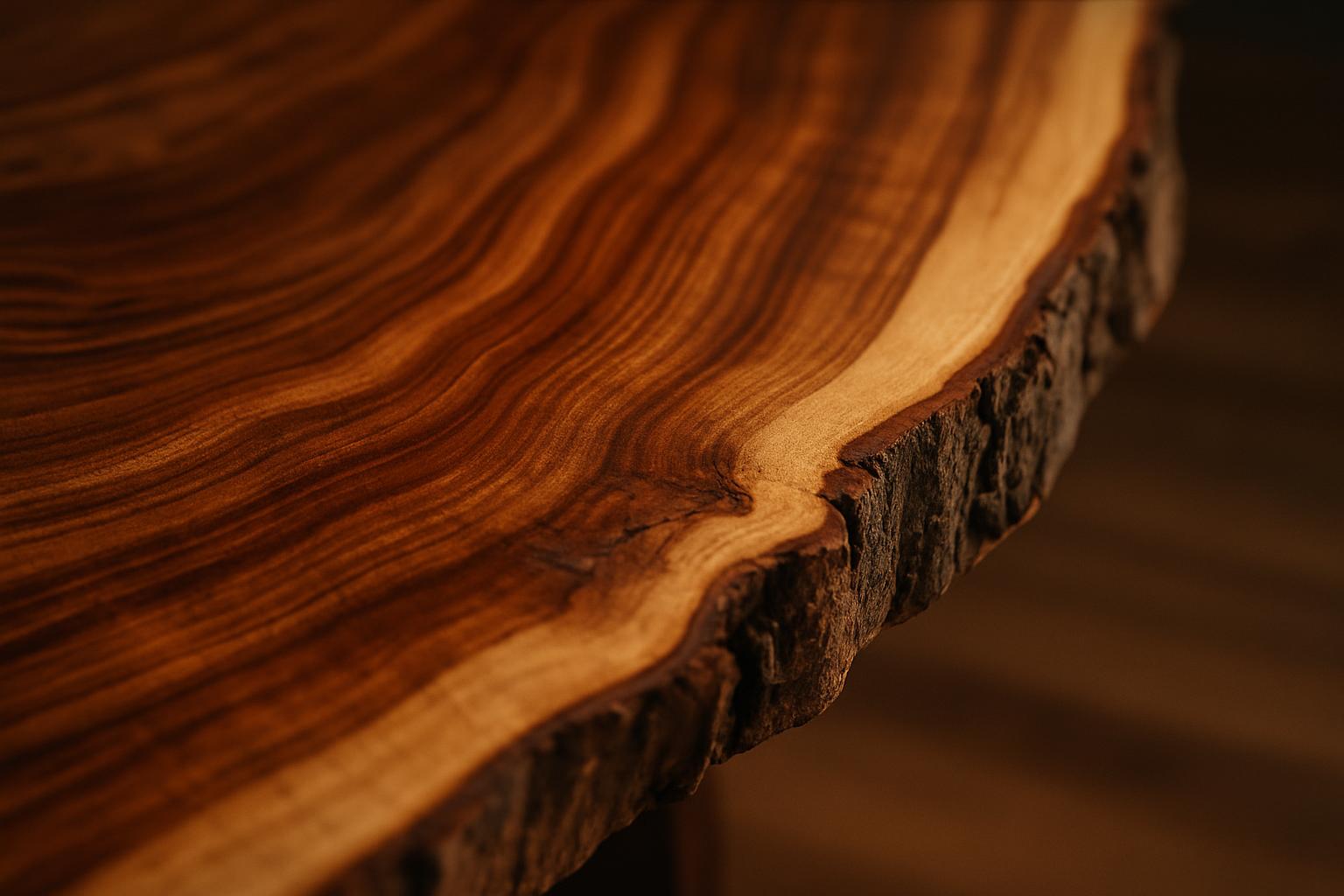 Close-up of the edge of a polished tropical hardwood slab showing the grain and bark
