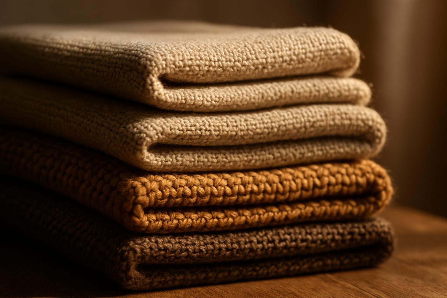 A stack of folded woven throws in cream, ochre and brown on a wooden surface