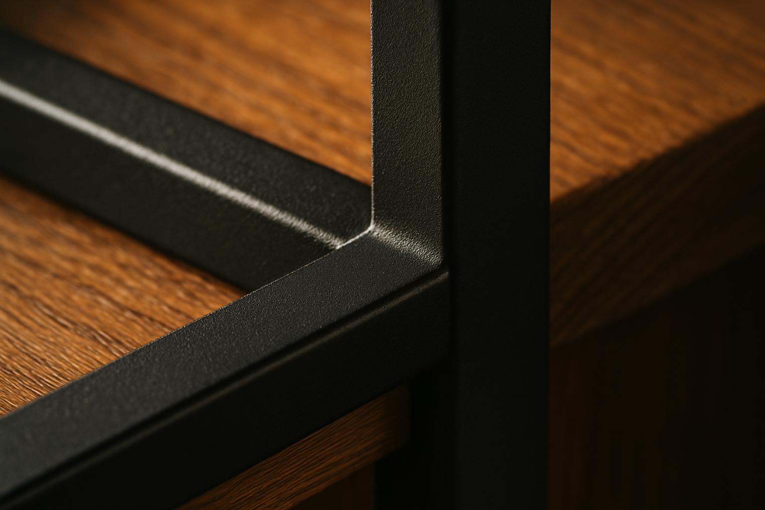 Close view of a blackened steel frame meeting an oiled hardwood shelf in a clean mitred joint