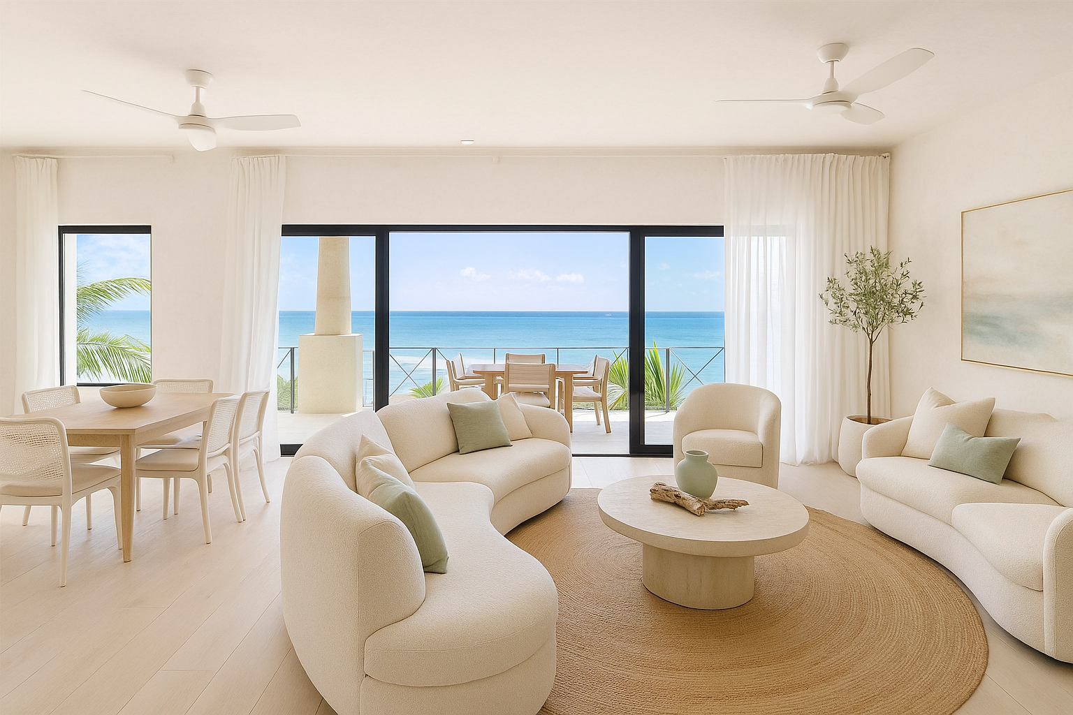 Bright coastal living room redesigned in the Concept Lab, with curved white sofas, a round jute rug and a sea view