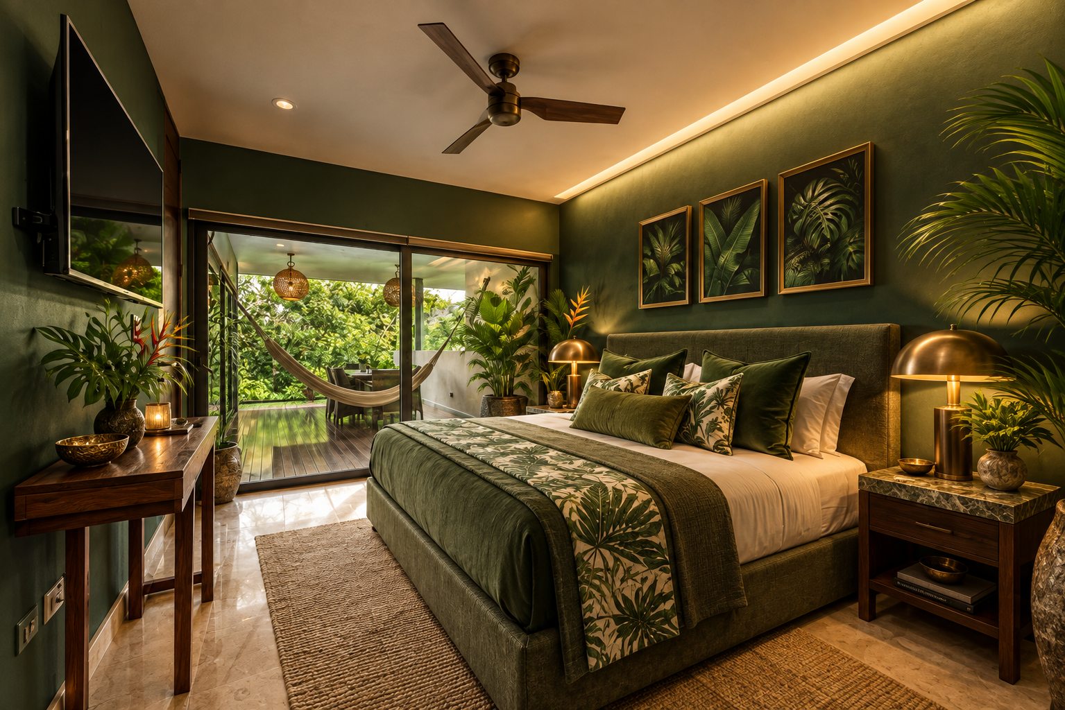 The same guest bedroom redesigned by the Concept Lab in deep jungle green