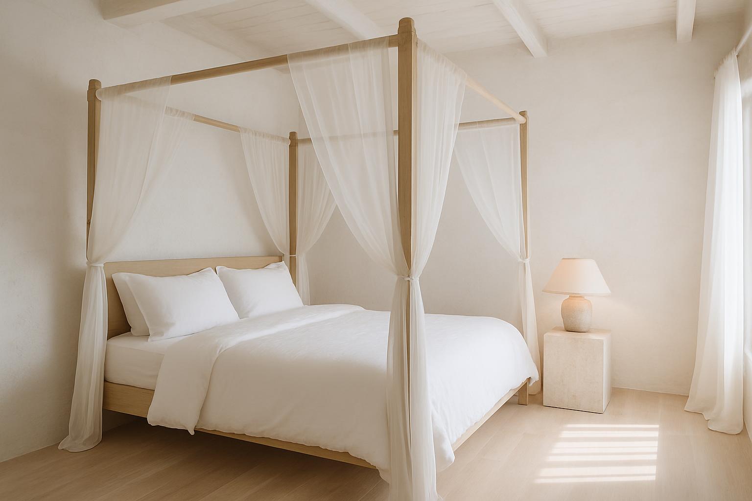 Four-poster king bed with sheer canopy in sea light