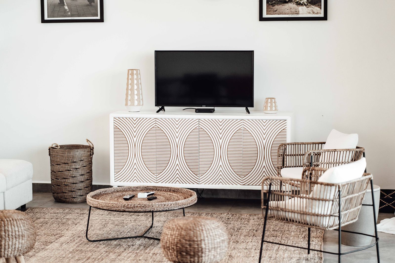 TV above a rattan console