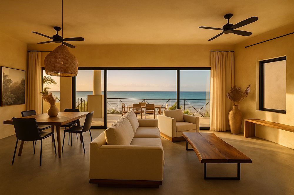 A rendered living room with a cream sofa, a live-edge coffee table and a view of the ocean