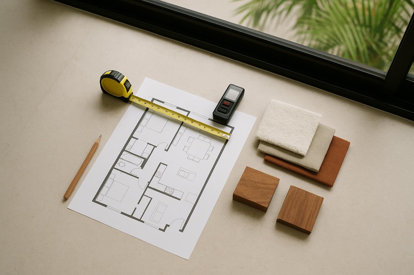 A floor plan laid out with wood and stone finish samples on a table